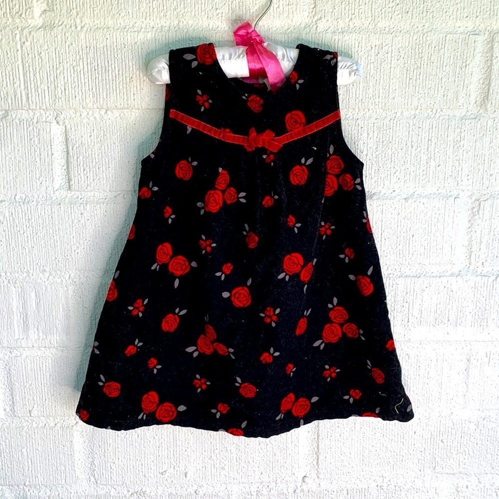 Healthtex Corduroy Velvet Floral Rose Holiday Red & Black Dress sz 3T